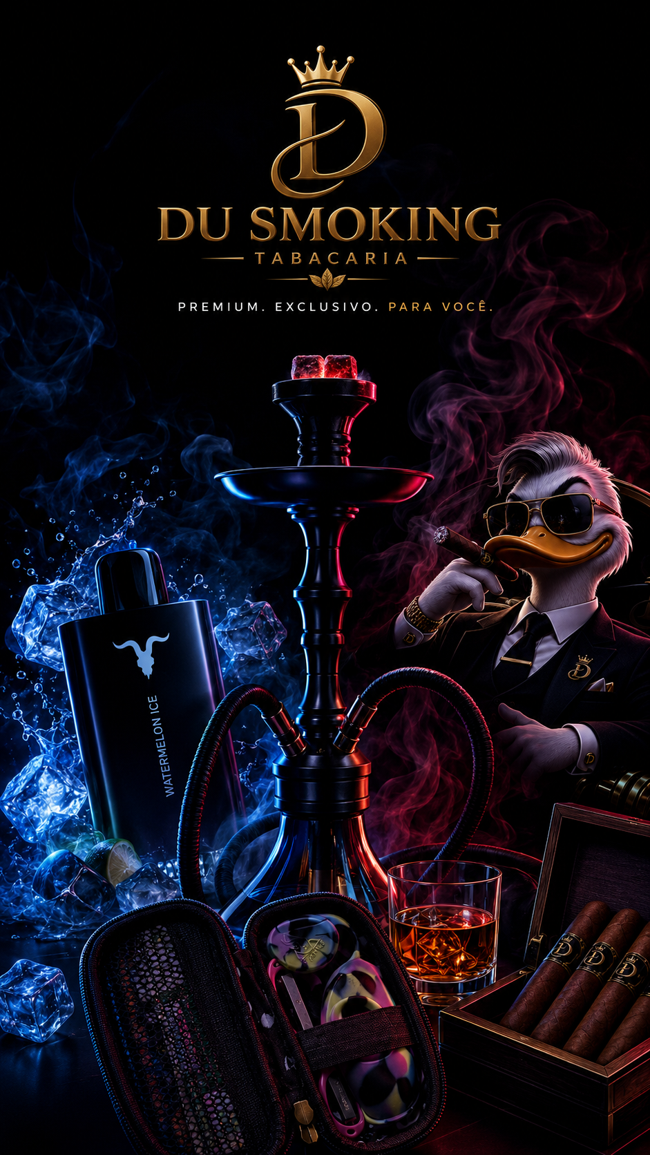 Campanha DU SMOKING Tabacaria — pod Watermelon Ice, narguilé, charutos e o mascote em ambiente premium